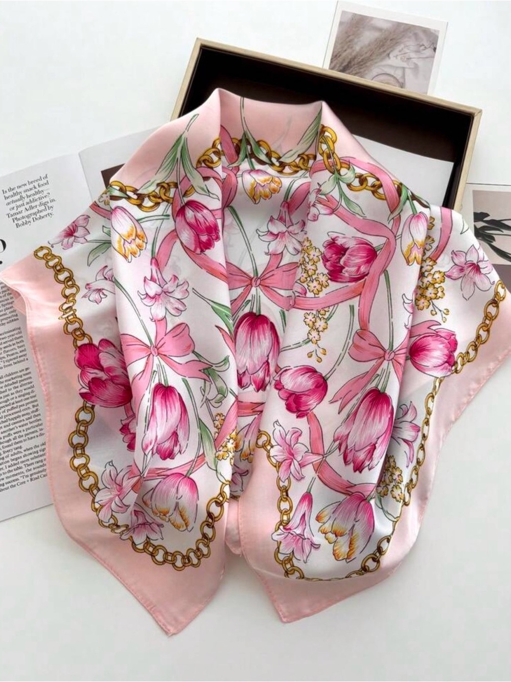 Elegant Pink Floral and Chain Silk-Like Scarf - Picture 3 of 3